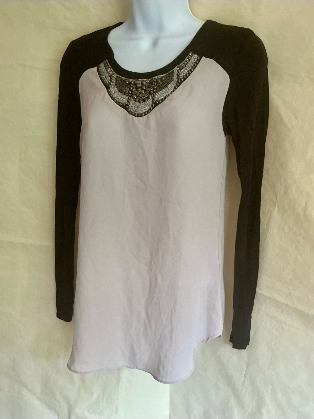 Studio Y Black & Gray Scoop Neck Blouse with Beaded Yoke